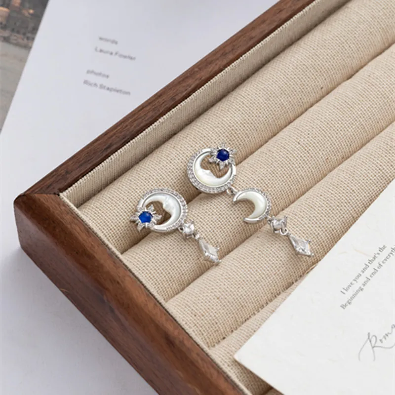 月亮星星耳环女贝母锆石耳钉不对称耳坠时尚轻奢气质百搭耳饰