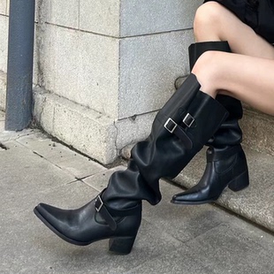 美拉德堆堆靴女长靴2025秋冬新款 尖头粗跟两穿皮带扣骑士靴高筒靴