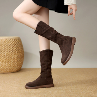 深棕绒面通勤平底冬加绒长靴百搭高筒骑士靴潮女 新款 2025新款 春季