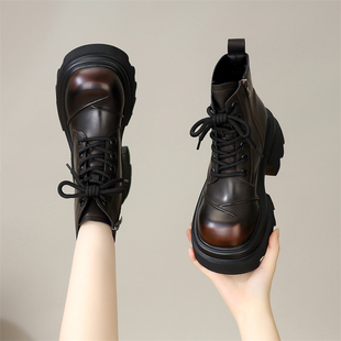 美拉德马丁靴女款 秋冬加绒粗跟小个子厚底增高短靴子 棕色2025新款