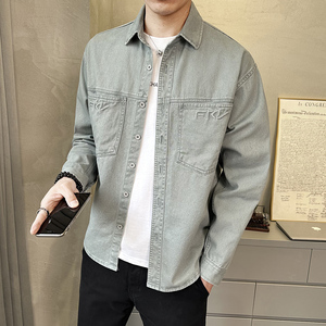 春季新款纯色工装牛仔衬衫外套男休闲百搭长袖衬衣上衣C1822-P95图片