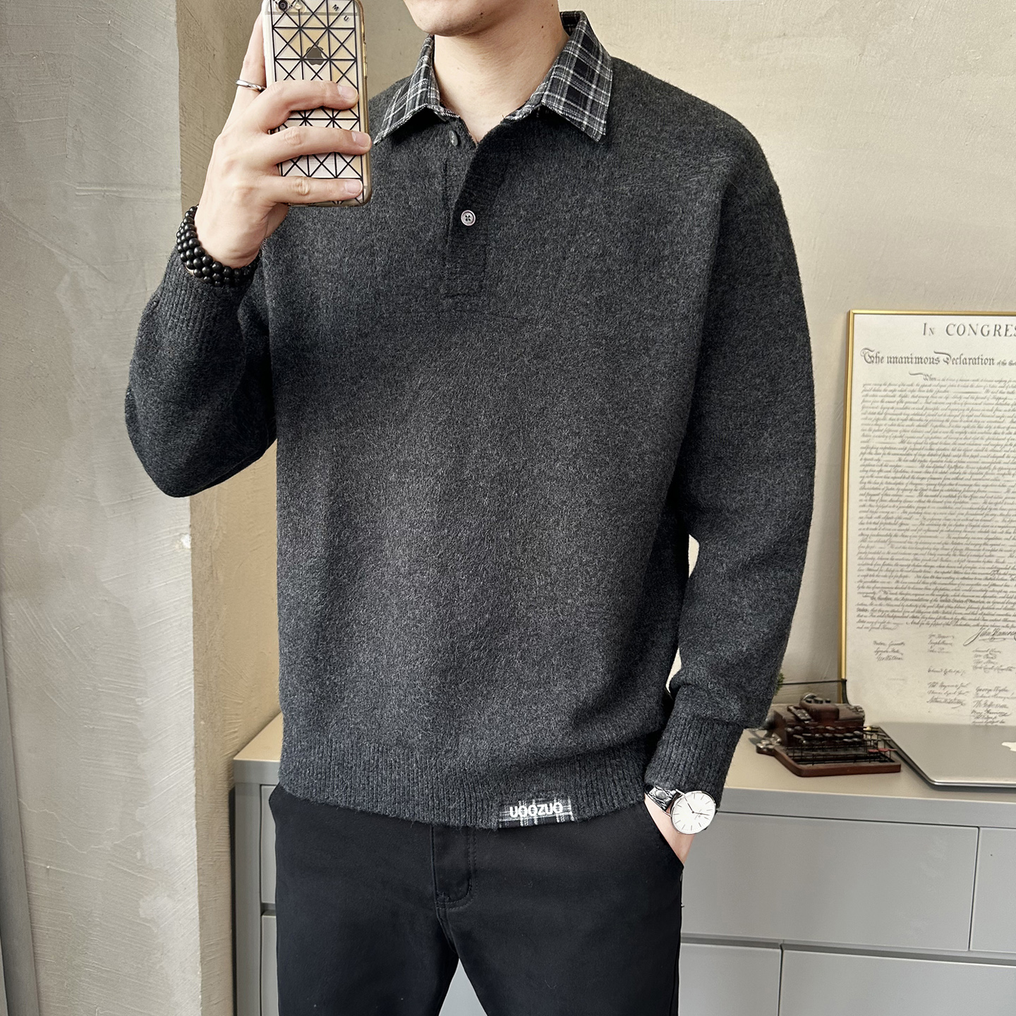 拼接假两件羊毛混纺内搭长袖男秋冬百搭上衣针织衫毛衣D6098-P120，男装针织衫/毛衣，电商A239