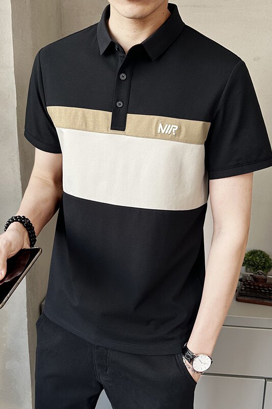 夏季新款男士短袖T恤时尚拼接刺绣潮牌上衣翻领T恤衫PL88553-P60,男装Polo衫,电商A239