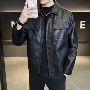 秋季短款皮衣 翻领外套 男韩版修身机车皮夹克P8639-P160图片