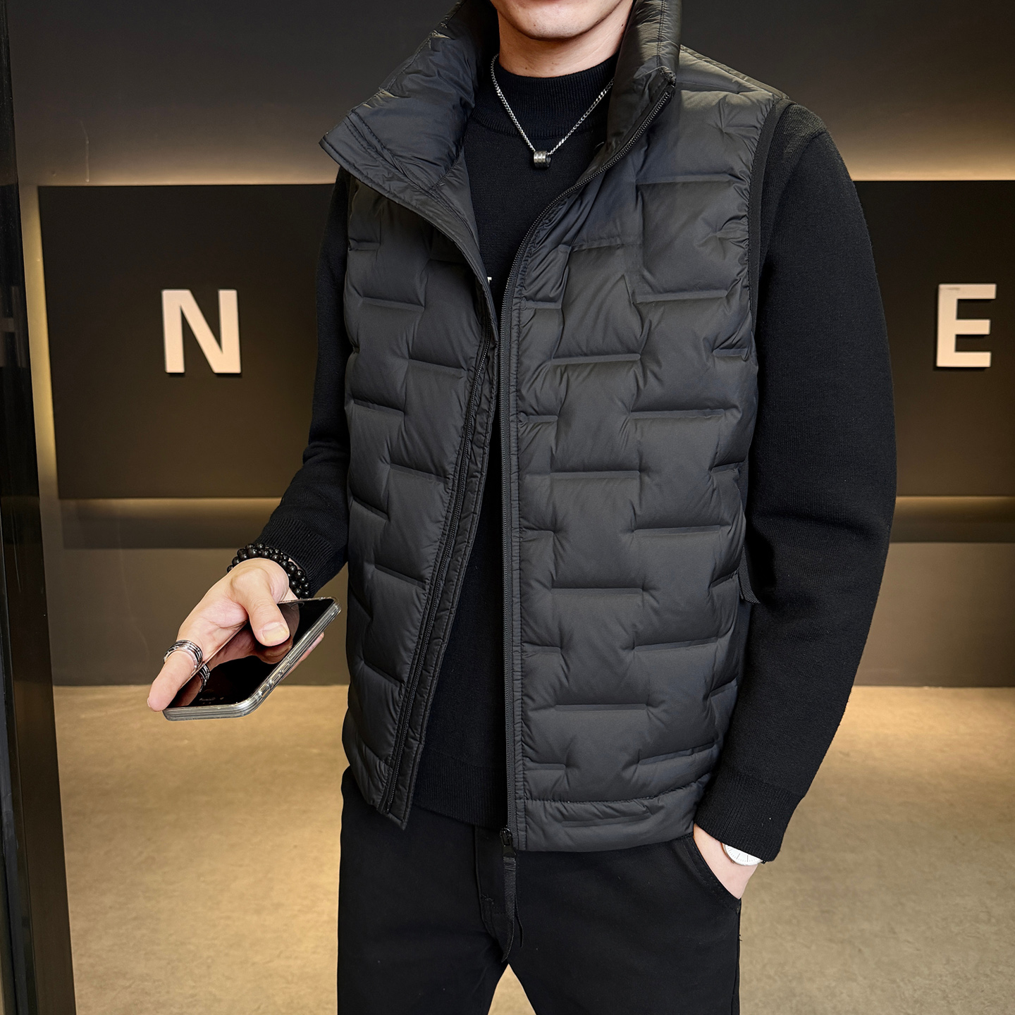 针织拼接羽绒马甲男短款冬立领外穿内搭羽绒服马夹坎肩M2682-P120，男装羽绒服，电商A239