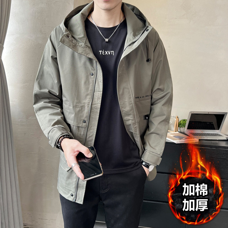 冬季加棉连帽风衣休闲韩版长款拉链棉夹克外套F312加棉-P150,男装夹克,电商A239