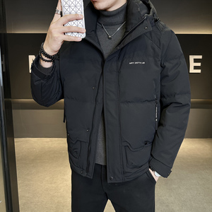 冬季店主风新款连帽标羽绒服男短款保暖羽绒外套Y2555-P225,白衬衣和黑色长裙穿搭图片图片
