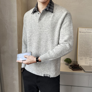拼接假两件羊毛混纺内搭长袖男秋冬百搭上衣针织衫毛衣D6098-P120
