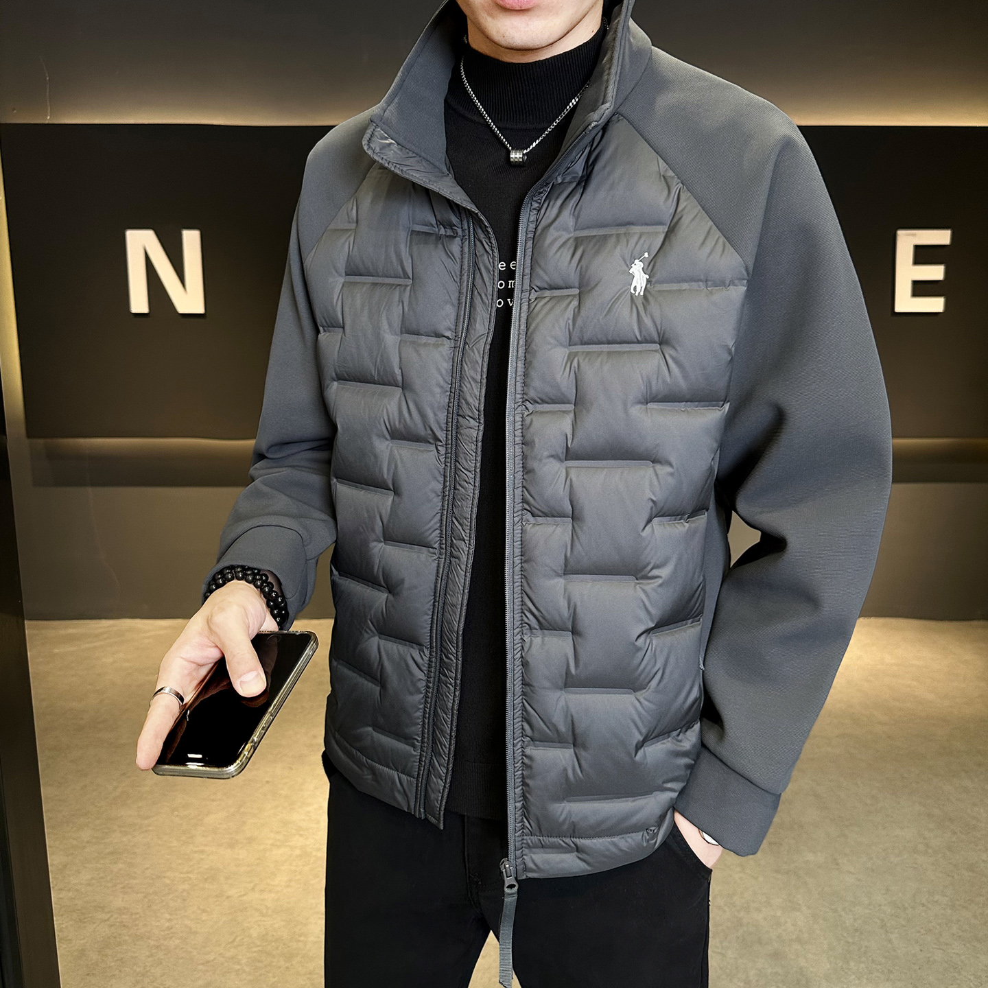 针织拼接加厚羽绒服男装短款冬季新款立领羽绒保暖外套Y9929-P155，男装羽绒服，电商A239