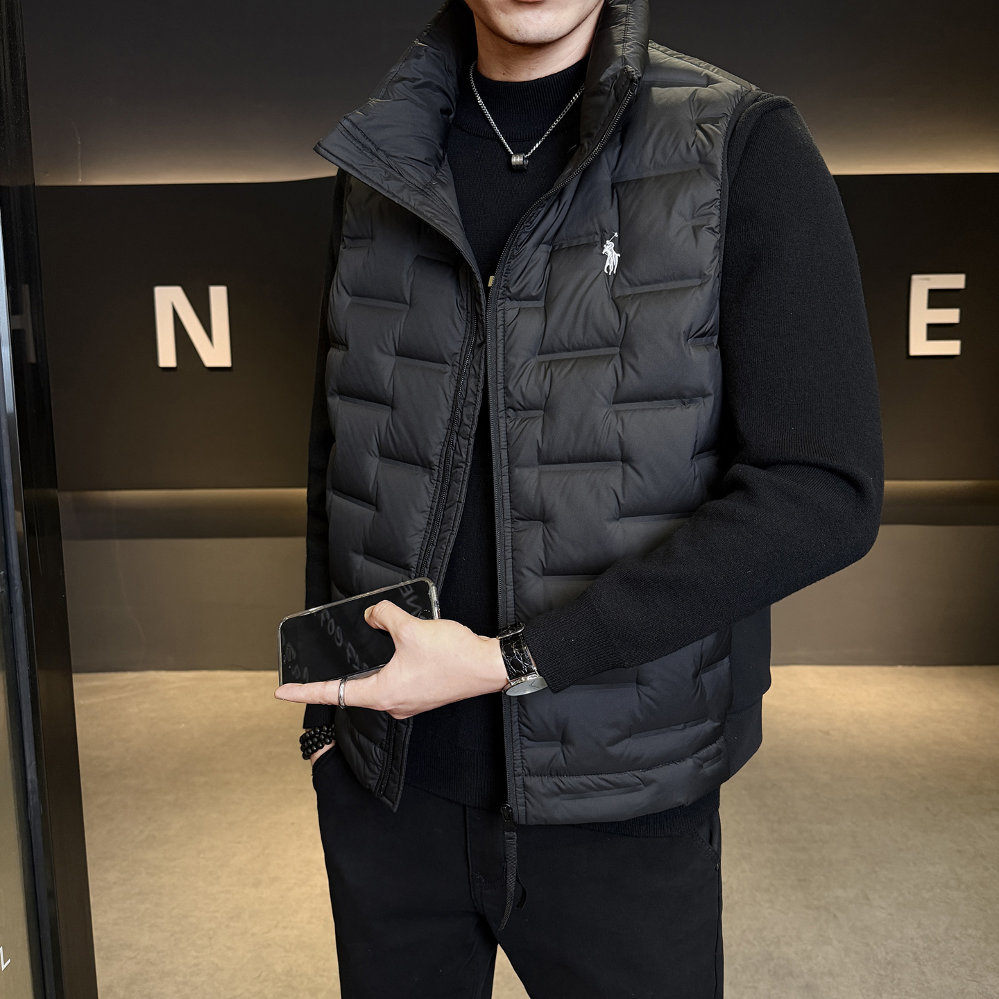 针织拼接羽绒马甲男短款冬立领外穿内搭羽绒服马夹坎肩M6822-P120，男装羽绒服，电商A239