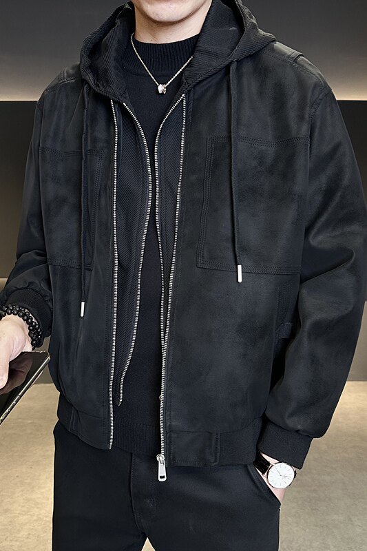 秋季新款皮衣外套男士假两件帽子可脱卸机车皮褂子痞帅P8801-P160,男装皮衣,电商A239