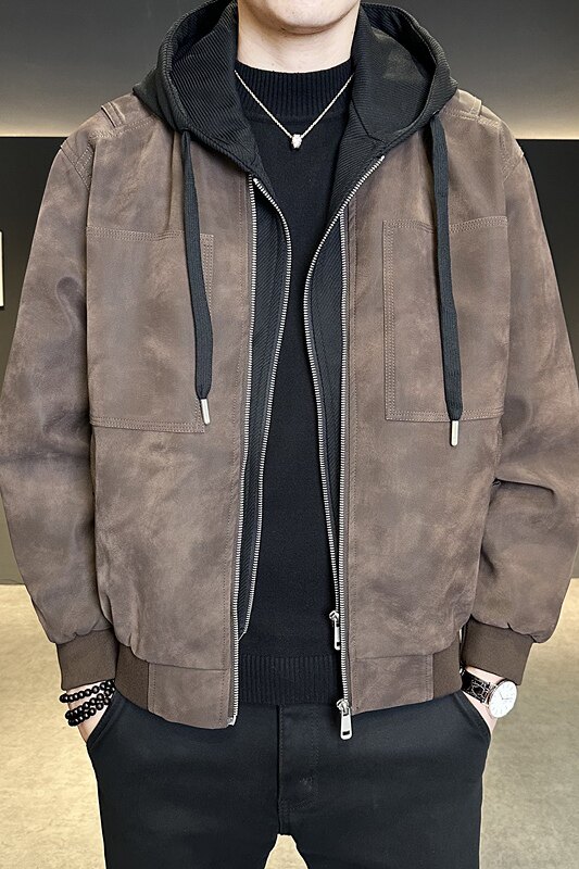 秋季新款皮衣外套男士假两件帽子可脱卸机车皮褂子痞帅P8801-P160,男装皮衣,电商A239