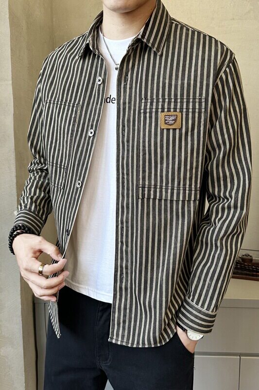 春季新款条纹衬衫男长袖潮流百搭休闲衬衣C8815-P90,男装衬衫,电商A239