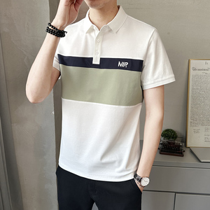 夏季新款男士短袖T恤时尚拼接刺绣潮牌上衣翻领T恤衫PL88553-P60图片