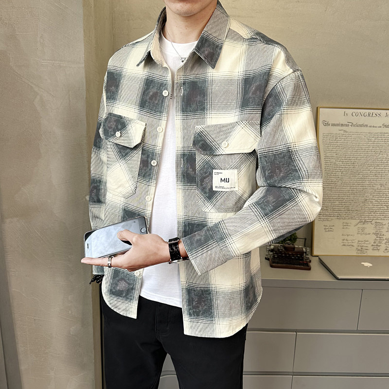 春季新款复古格子衬衫男长袖宽松休闲衬衣外套潮C3366-P88,男装衬衫,电商A239