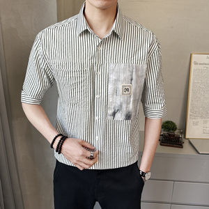 新款男士夏季中袖衬衫休闲拼接撞色衬衣潮流上衣男装C1706-P68图片