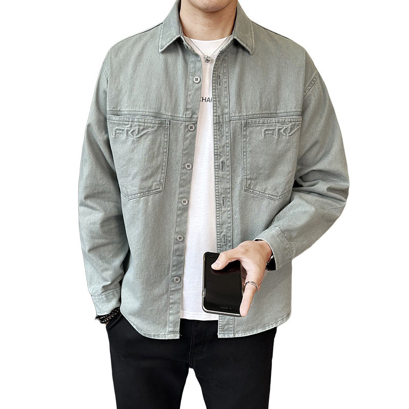 春季新款纯色工装牛仔衬衫外套男休闲百搭长袖衬衣上衣C1822-P95,男装衬衫,电商A239