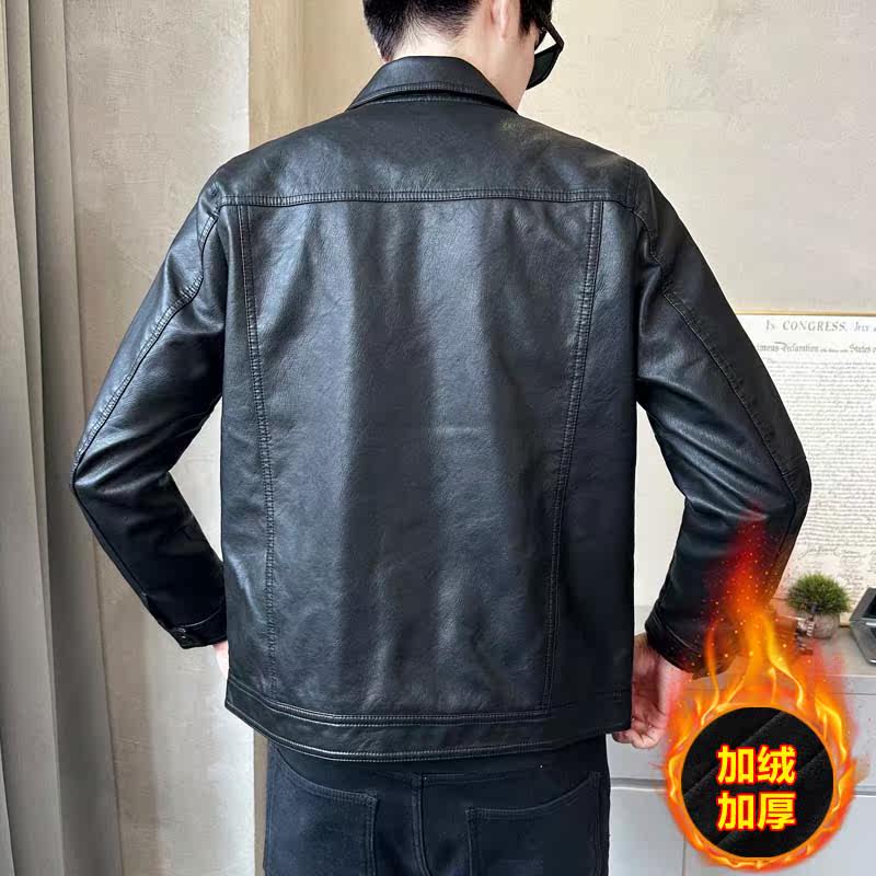 加绒加厚短款皮衣翻领外套男韩版修身机车皮夹克P6640加绒-P165,男装夹克,电商A239