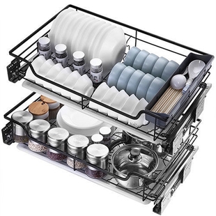 拉篮厨房置物架橱柜不锈钢双层缓冲抽屉式 碗篮厨柜调味架地柜碗碟