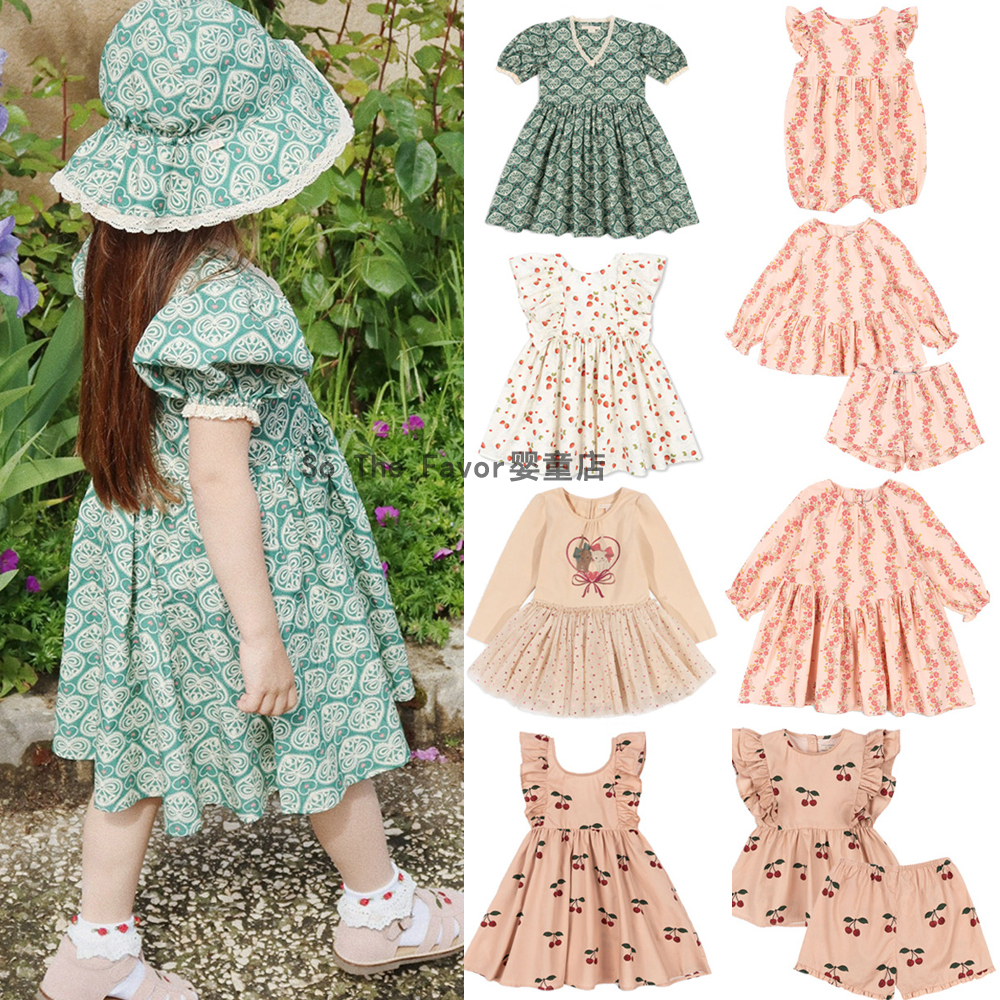 25春夏新款ks系列小猫网纱裙草莓蝴蝶结碎花短袖童裙长袖连衣裙
