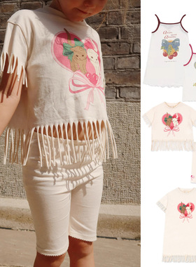 25夏季新款童装女童ks系列玫瑰吊带上衣樱桃背心裙小猫流苏套装