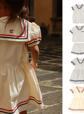 26春夏新款ks海军风系列条纹衬衫短裤套装爬服连衣裙童装
