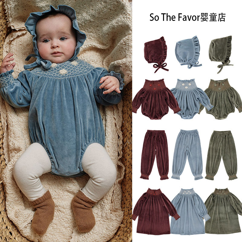 25秋冬新款女童装be同款天鹅绒棉重工绣花连衣裙宝宝爬服长裤