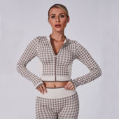 亚马逊欧美千鸟格瑜伽外套运动时尚 休闲健身瑜伽服外套 短款