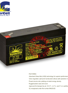 原装进口PC633瑞典Powercell 6V3.3AH SEALED LEAD ACID BATTERY