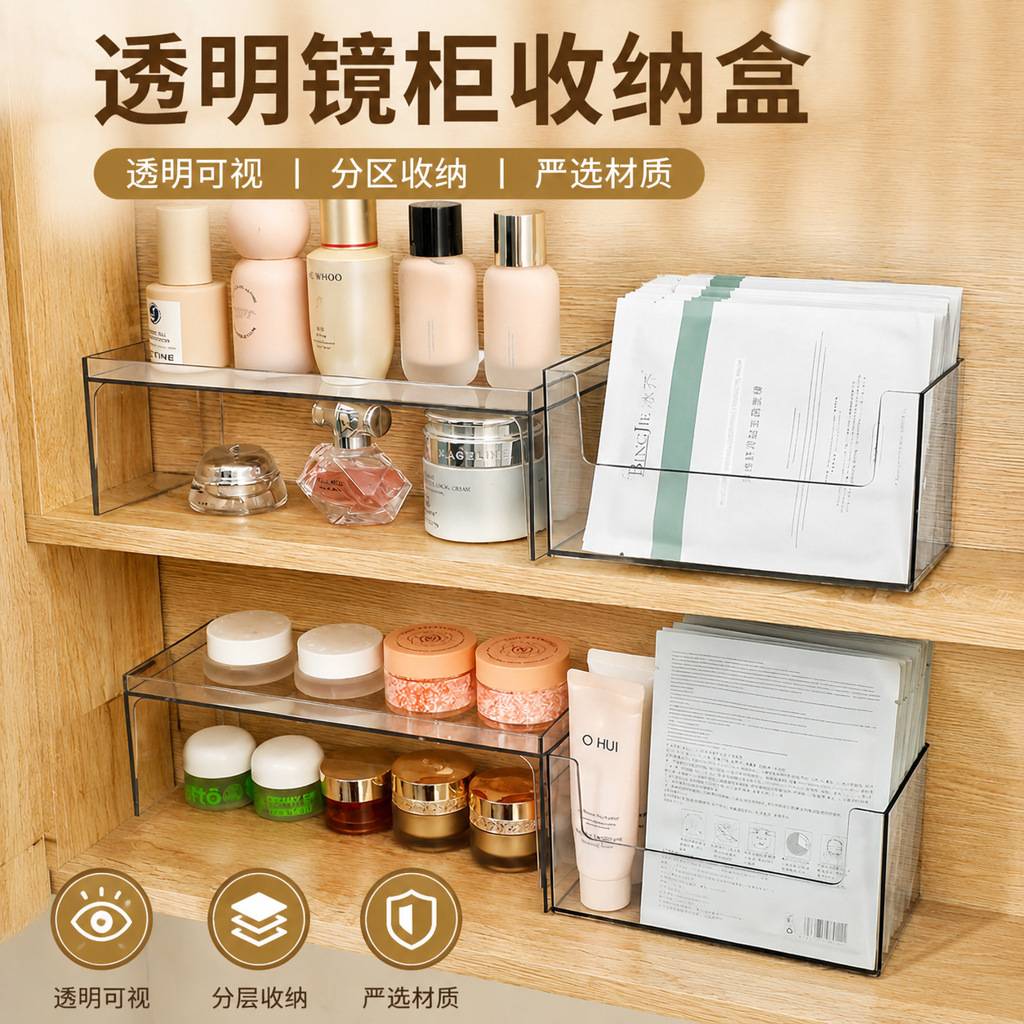 镜柜收纳盒浴室内化妆品置物架卫生间透明面膜盒口红盒储物整理架图片