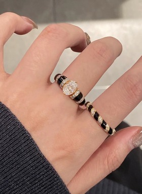 黑天鹅vinatge中古复古风戒指女老钱风黑色珐琅叠戴开口戒指百搭
