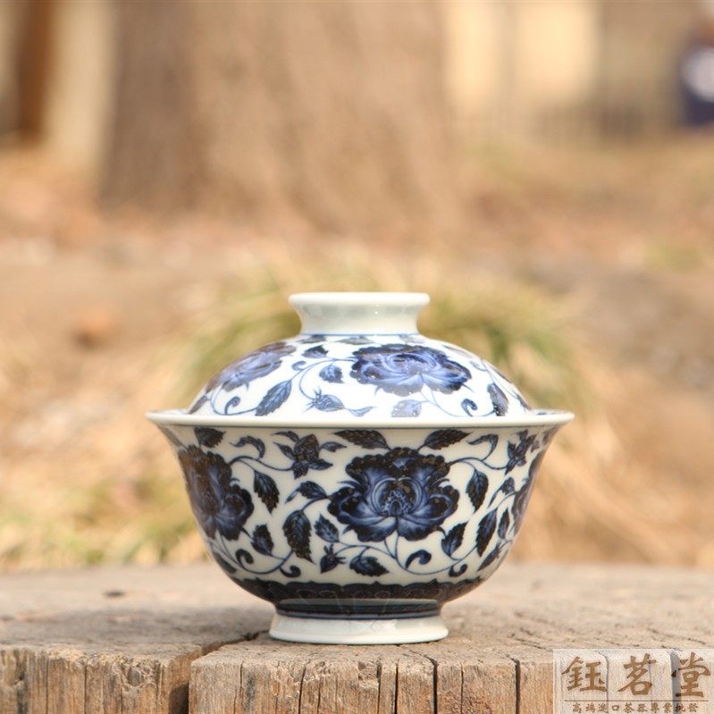 景德镇立明堂 明式青花 新品仿明手绘青花缠枝牡丹盖碗盖杯