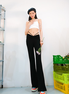 175高个加长微喇黑色莫代尔瘦瘦裤被呼唤很久辣妹绑带V腰2023春秋