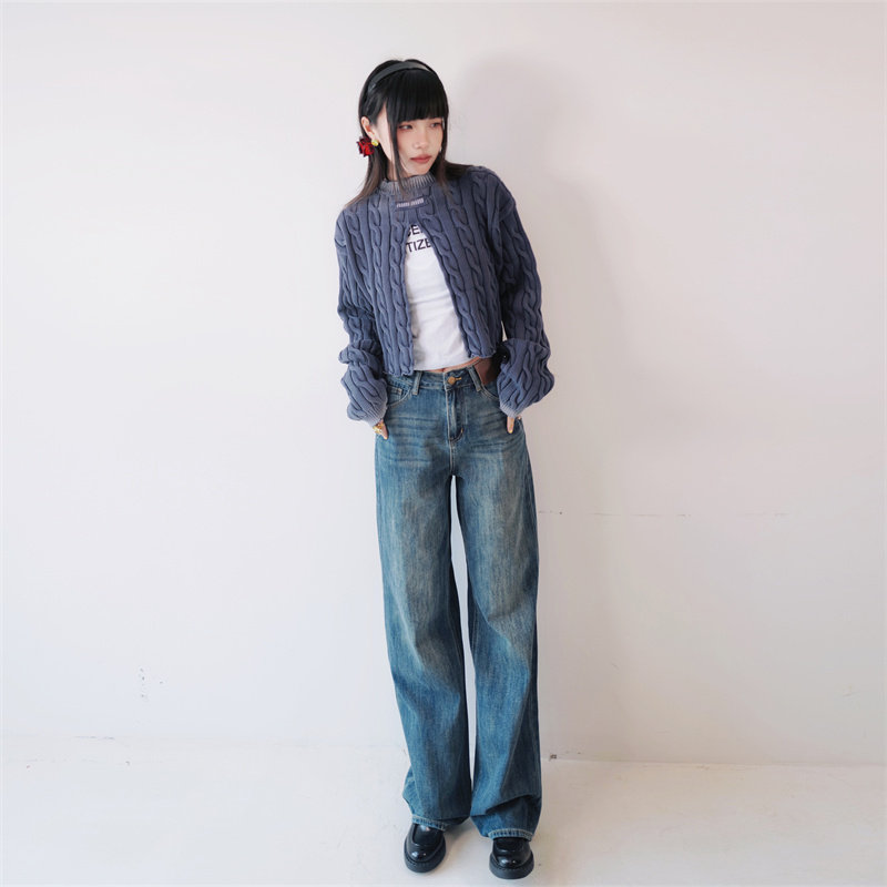 窄版水泥色牛仔裤女高腰2024年春秋新款宽松显瘦直筒垂感拖地裤