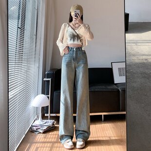 高个子加长版2025浅蓝色窄版直筒牛仔裤高腰宽松显瘦阔腿拖地裤子