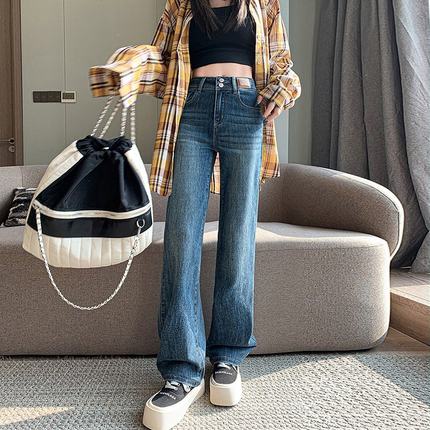 高个子175美式复古直筒牛仔裤女2025春新款双扣垂感弹力窄版阔腿