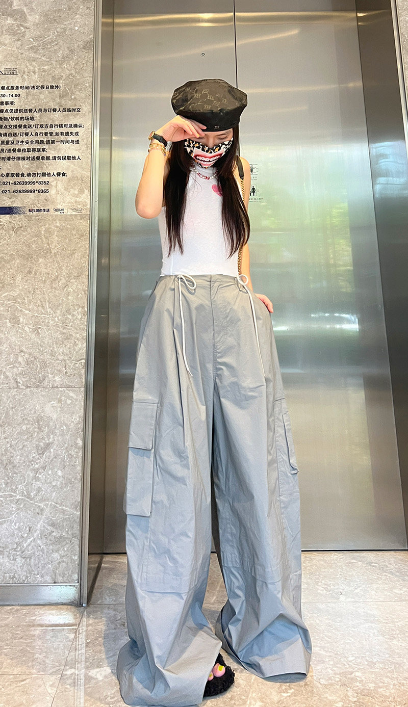 175高个子加长抽绳大口袋工装阔腿裤女秋季复古拖地休闲长裤高腰