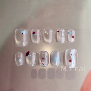 实拍现代主义日式手绘INS风简约丝绸猫眼纯手工穿戴甲短款穿戴式