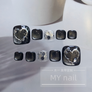 【M.Y nail 】脚趾纯手工穿戴甲甜酷黑色猫眼巴洛克风美甲贴片