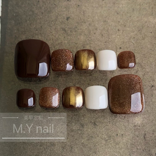 实拍显白棕色猫眼脚穿戴甲短款 显白高级感假指甲贴片手工成品