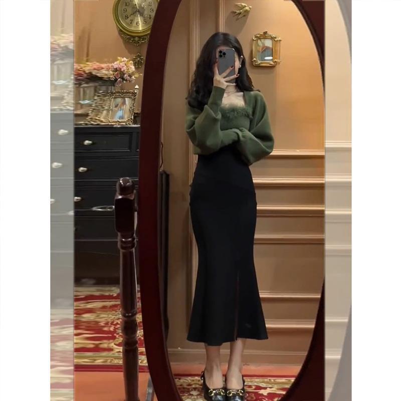 感气质名媛小香风绿色针织套装法式包臀鱼尾连衣裙子女秋冬