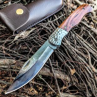 锻打大马士革钢刀折叠刀多功能随身便携折刀户外露营锋利刀开刃