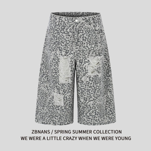 美式潮牌豹纹破洞做旧后口袋刺绣七分休闲裤男女夏季宽松休闲中裤