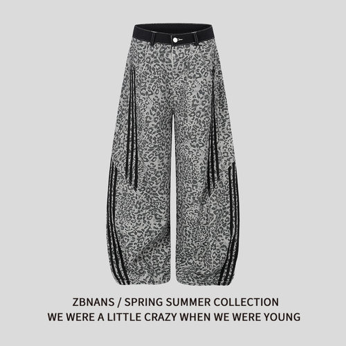 美式潮牌豹纹条纹阔腿弯刀裤男女情侣高街风宽松设计感情侣休闲裤