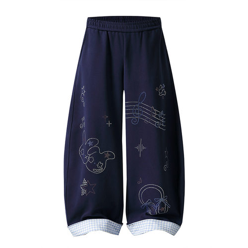 美式休闲烫钻格子拼接弯刀卫裤女新款卷边运动街舞宽松阔腿长裤子