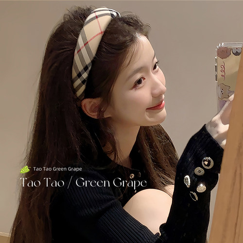 奶咖色格子头箍气质可爱学院风