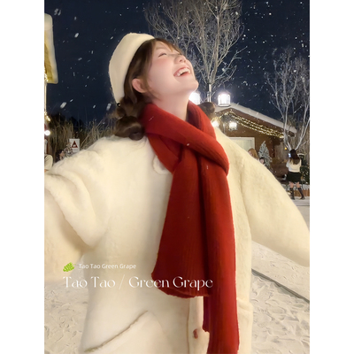 韩系红色纯色围巾女冬2025新款加厚保暖护颈高级感仿羊绒新年围脖