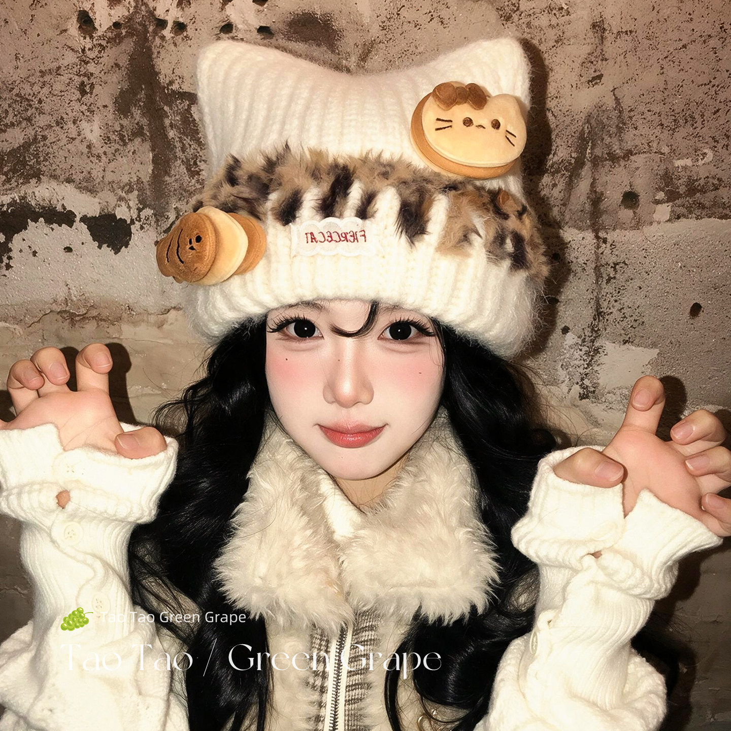 可爱白色小鱼猫耳朵针织毛线帽女秋冬加厚保暖显脸小毛绒护耳帽子