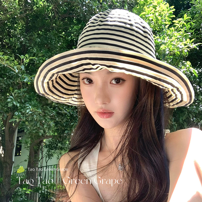 韩系黑色条纹防晒渔夫帽女夏大头围可折叠遮阳帽子大帽檐太阳帽