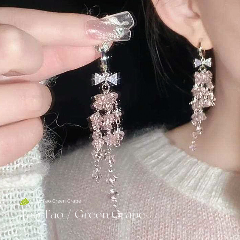 粉色蝴蝶结水晶流苏耳环女2025新款高级感度假风独特漂亮耳钉耳饰